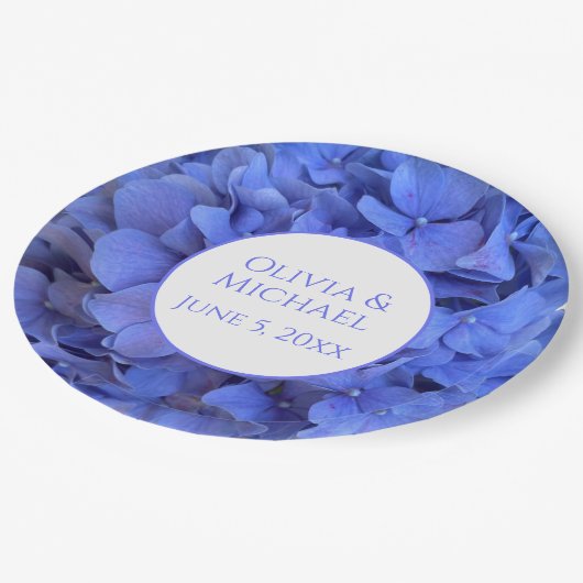 Blauwe maagdenpalm elegante bloemen hortensia's papieren bordje (Gekanteld)