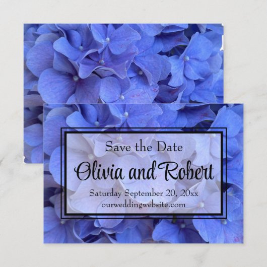 Blauwe maagdenpalm elegante bloemen hortensia's save the date (Voorkant / Achterkant)