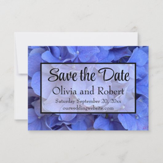 Blauwe maagdenpalm elegante bloemen hortensia's save the date (Voorkant)
