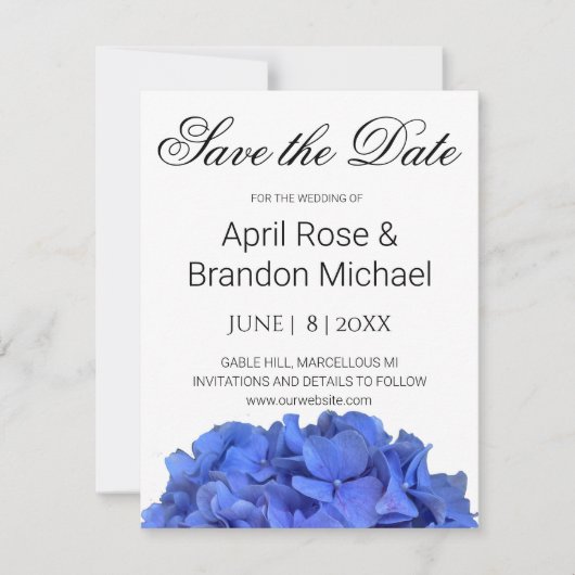Blauwe maagdenpalm elegante bloemen hortensia's save the date (Voorkant)