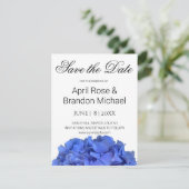 Blauwe maagdenpalm elegante bloemen hortensia's save the date (Staand voorkant)