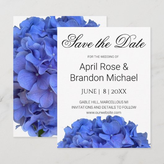 Blauwe maagdenpalm elegante bloemen hortensia's save the date (Voorkant / Achterkant)