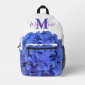 Blauwe maagdenpalm elegante bloemhortensia's monog bedrukte rugzak (Voorkant)