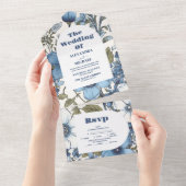 Blauwe maagdenpalmbloemen bruiloft all in one uitnodiging (Afscheurbaar)