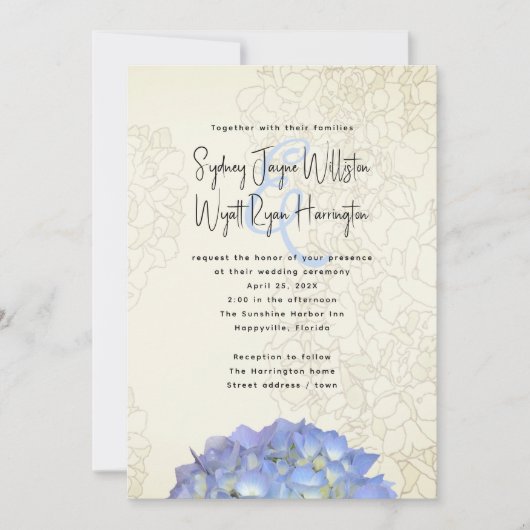 Blauwe Maan Bloemen Kunstwerk Bruiloft Uitnodiging (Voorkant)