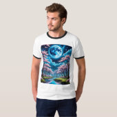 Blauwe Maan en Cherry Blossom Tshirt Art (Voorkant volledig)