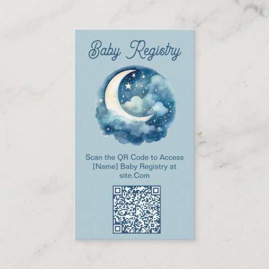 Blauwe maan en sterren baby shower QR Code Registr Informatiekaartje (Voorkant)