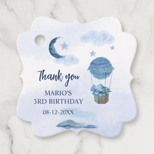 Blauwe maan kleine olifant verjaardag jongen bedankjes labels (Voorkant)