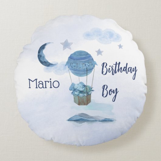 Blauwe maan kleine olifant verjaardag jongen rond kussen (Voorkant)