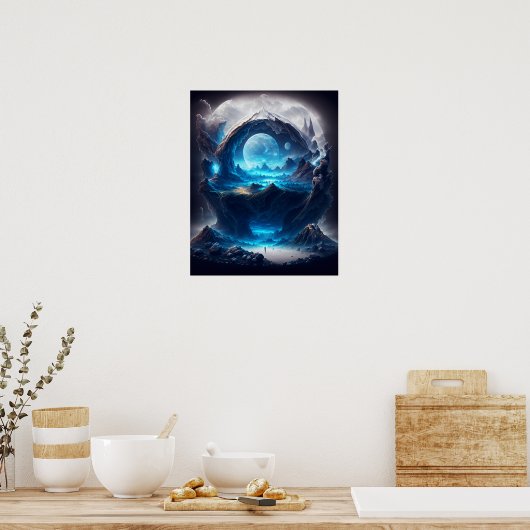 Blauwe maan over een magisch landschap poster (Keuken)