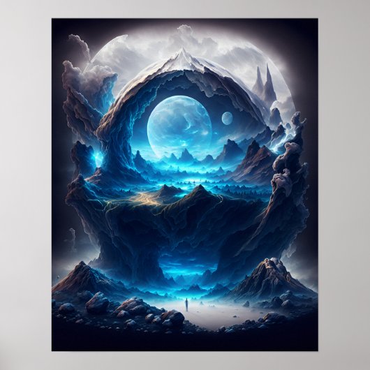 Blauwe maan over een magisch landschap poster (Voorkant)
