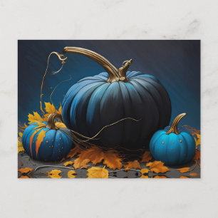 Blauwe Maan Pompoenen en Herfstbladeren Feestdagenkaart