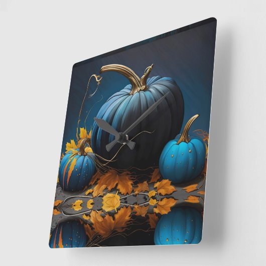 Blauwe maan pompoenen herfstbladeren vierkante klok (Hoek)