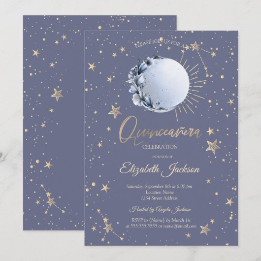 Blauwe Maan, Sterren Bloem Pastel Quinceanera Kaart (Voorkant / Achterkant)