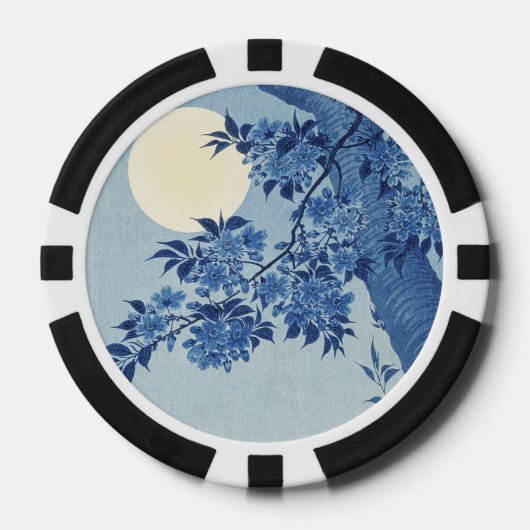 Blauwe maanverlichte bloesemboom onder de nachteli poker chips (Voorkant)