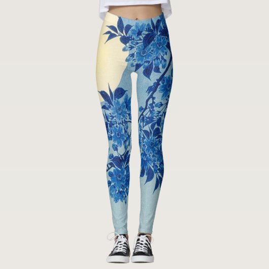 Blauwe Maanverlichte Boom: Japanse Kersenbloesem N Leggings (Voorkant)