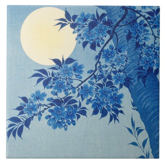 Blauwe Maanverlichte Boom: Japanse Kersenbloesem N Tegeltje (Voorkant)