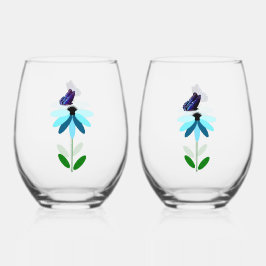 Blauwe madeliefje en vlinder wijnglas set wijnglas zonder voet