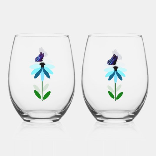 Blauwe madeliefje en vlinder wijnglas set wijnglas zonder voet (Voorkant)