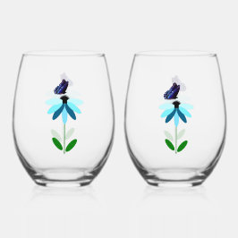 Blauwe madeliefje en vlinder wijnglas set zonder voet