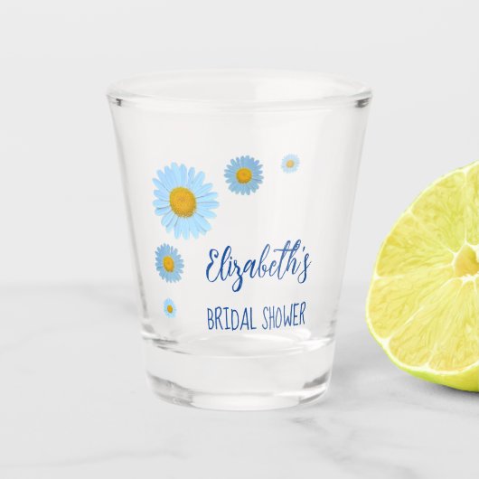 Blauwe Madeliefjes Bloemige Bruids Bruiloft Shot Glas (Voorkant)