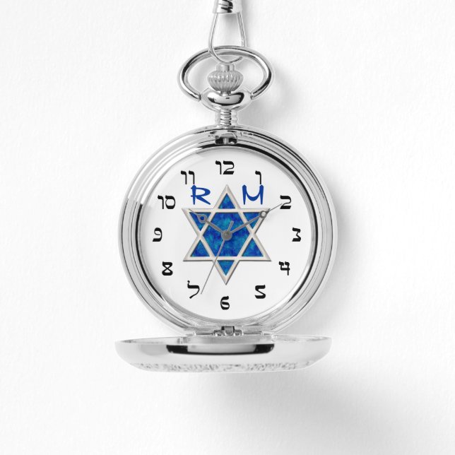 Blauwe Magen David, Faux Hebreeuwse cijfers, Monog Horloge (Voorkant)
