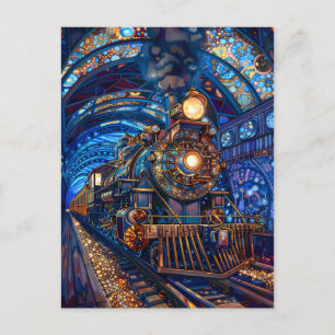 Blauwe Magische Steampunk Trein Loco Faux Mozaïek  Briefkaart