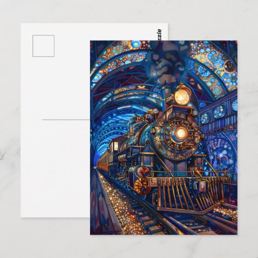 Blauwe Magische Steampunk Trein Loco Faux Mozaïek  Briefkaart (Voorkant / Achterkant)