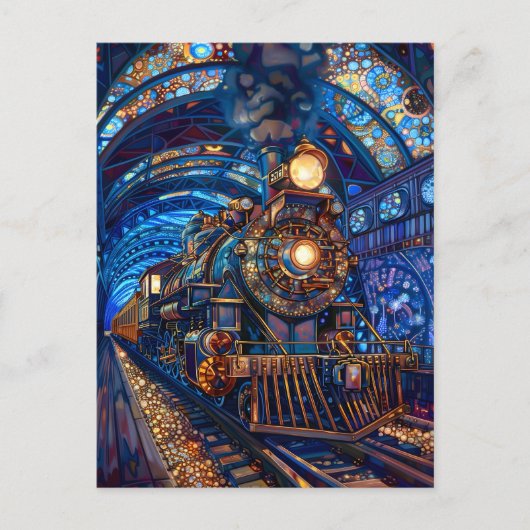 Blauwe Magische Steampunk Trein Loco Faux Mozaïek Briefkaart (Voorkant)
