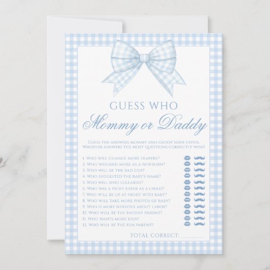 Blauwe mama of papa boog gingham baby shower spel kaart (Voorkant)