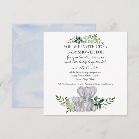 Blauwe mammie op Baby Elephant w Foliage Boy Showe Kaart (Voorkant / Achterkant)