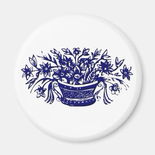 Blauwe mand van Flowers Woodcut Artwork Magneet