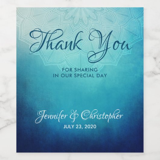  blauwe Mandala Abstracte bruiloft Wijn Etiket (Enkel label)