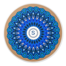 Blauwe Mandala op Beige met Initialen ladeknop Keramische Knop