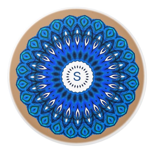 Blauwe Mandala op Beige met Initialen ladeknop Keramische Knop (Voorkant)