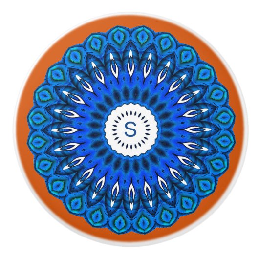 Blauwe Mandala op donkere perzik met Initialen lad Keramische Knop (Voorkant)