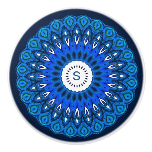 Blauwe Mandala op Navy met Initialen Ladeknop Keramische Knop (Voorkant)