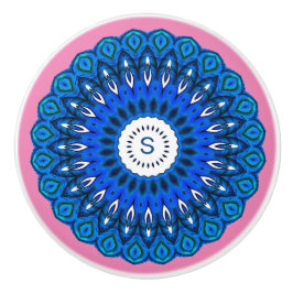 Blauwe Mandala op Roze met één Initialen ladeknop Keramische Knop