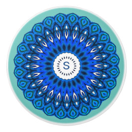 Blauwe Mandala op Turquoise met Initialen ladeknop Keramische Knop