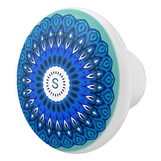 Blauwe Mandala op Turquoise met Initialen ladeknop Keramische Knop (Rechts)
