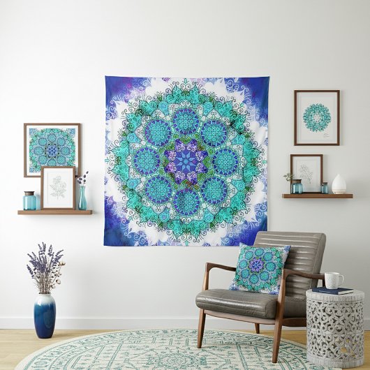 Blauwe mandala wandtapijt wandkleed