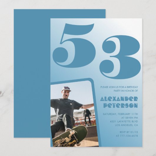 Blauwe Mannen Fotogradiënt 53e verjaardag uitnodig Kaart (Voorkant / Achterkant)