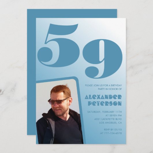 Blauwe Mannen Fotogradiënt 59e verjaardag uitnodig Kaart (Voorkant / Achterkant)