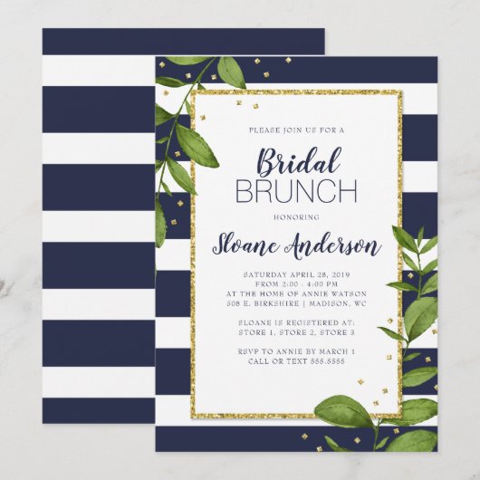 Blauwe marathons Botanische Bling Bridal Brunch Kaart (Voorkant / Achterkant)