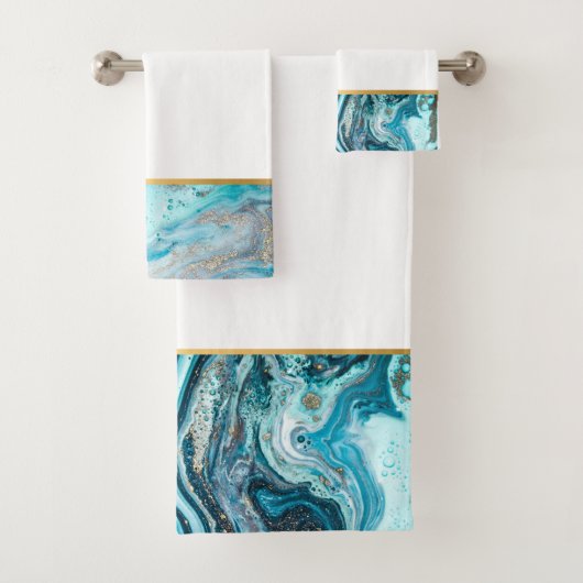 BLAUWE MARBLE OCEAN SWIRL BATHROOM TOWEL SET BAD HANDDOEK (Insitu)