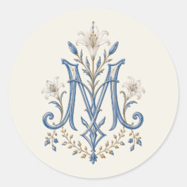 Blauwe Marian Monogram Katholieke Lelies Ronde Sticker