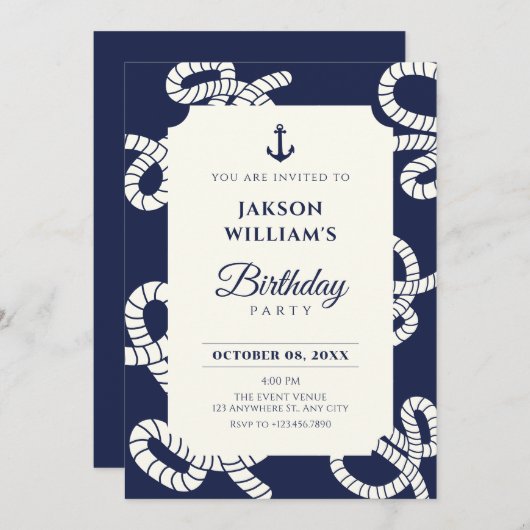 Blauwe marine anker verjaardag kaart (Voorkant / Achterkant)