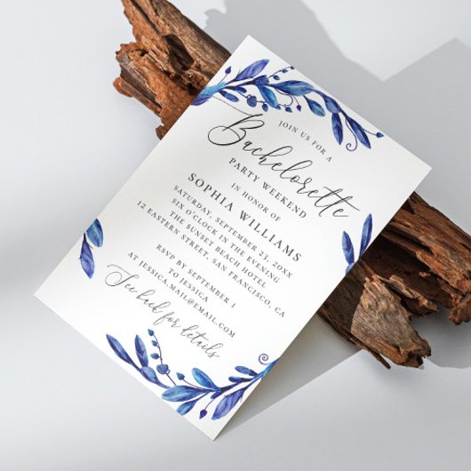 Blauwe marine bloemenscript bachelorette party wee kaart