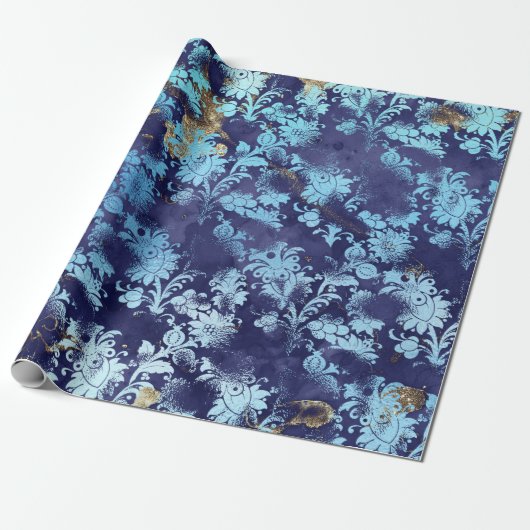 Blauwe Marine Celestial Bloemen Bruids Grungy Shab Cadeaupapier (Uitgerold)