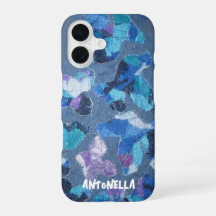 Blauwe marine cyaan paarse monogram abstract patro iPhone 16 hoesje